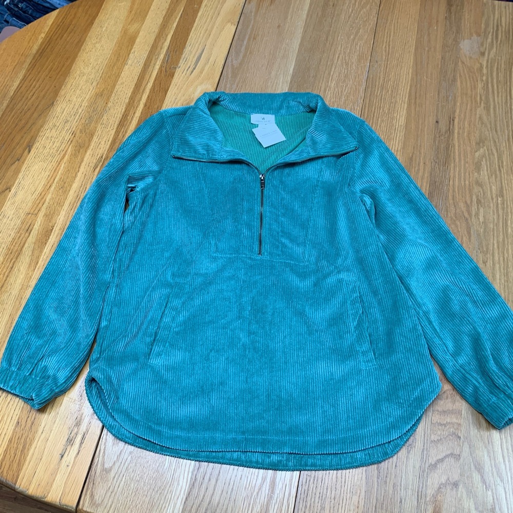 Urban Daisy Jenn Pullover Jade Corduroy Quarter Zip Top TF22851T Small NEW